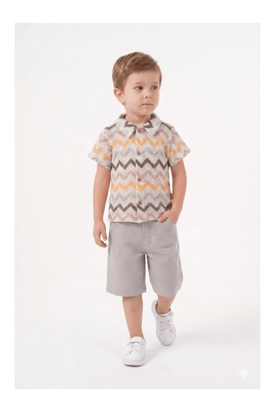 Mini Baray Zigzag Patterned Shirt and Linen Shorts Set (2 Years - 3 Years - 4...