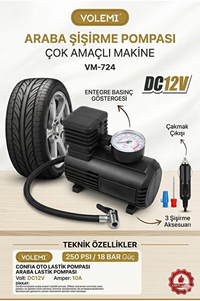 VOLEMİ VM-724 Çok Amaçlı Araç Lastik Şişirme Pompası ve Hava Kompresörü - 12V / 250 PSI