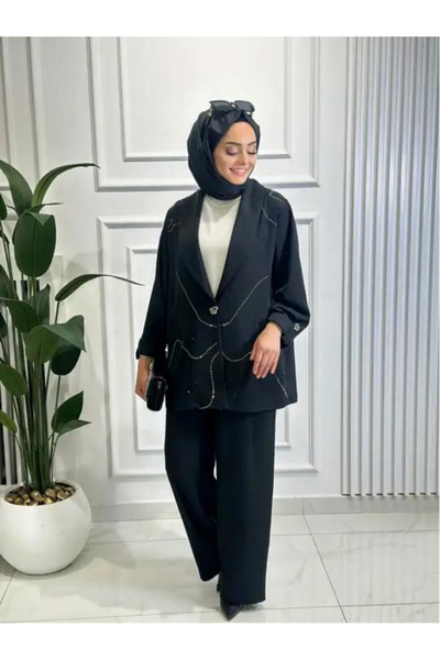 my312 Stone Chain Detailed Hijab Suit Stylish Blazer Combination 1689