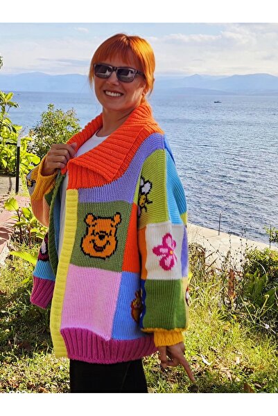 mishyhandmade Winnie the Pooh desenli, oversize, çok renkli hırka