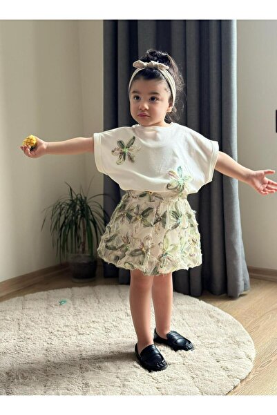 Butik KIZ ÇOCUK 3 BOYUTLU ÇİÇEK DESENLİ ETEKLİ 2'Lİ TAKIM