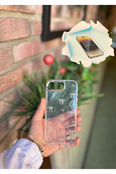 Apple iPhone 16e Uyumlu Şeffaf Simli Gümüş Fiyonk Detaylı Kılıf + Kırılmaz Cam Hediyeli