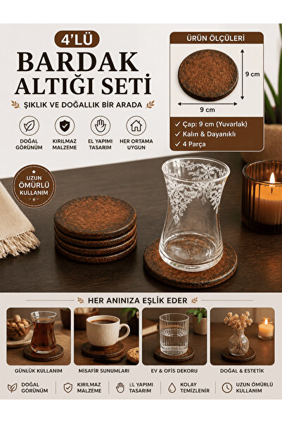 Art By Aslı Set of 4 Coasters 9 cm – Decorative Mug Coasters Handmade Unbreak...