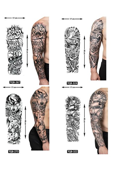 Airbrush Tattoo Özgün Tarz 4 Adet Birden Tam Kol Kaplama 1 Hafta Kalıcı Geçic...