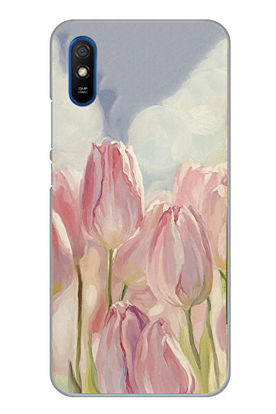 TechTree Redmi 9A Uyumlu Pembe Laleler Baskılı Silikon Kılıf