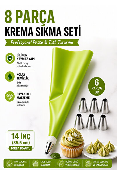 Ayver 8 PARÇA SİLİKON 6 UÇLU SIKMA APARATLI 14" KREMA SIKMA TORBASI