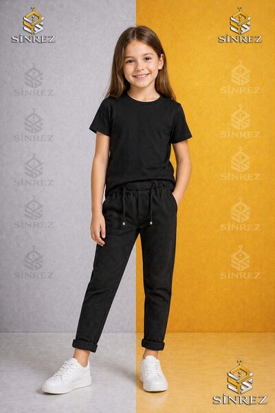 SİNREZ Kiz Children's Plain Trousers 7.Mdl Elastic Waist Lycra Folded Leg Style