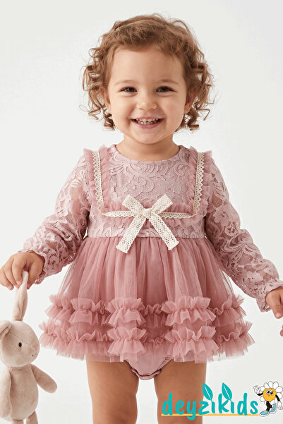 Deyzikids Dantelli Arkadan Düğmeli Alttan Çıtçıtlı Alwın BABY ROMPER Elbise 6...