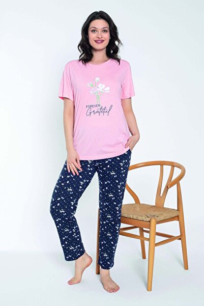 SENFONİ Pembe Çiçek Desenli Kısa Kollu %100 Pamuk Pijama Takımı – Rahat ve Ko...