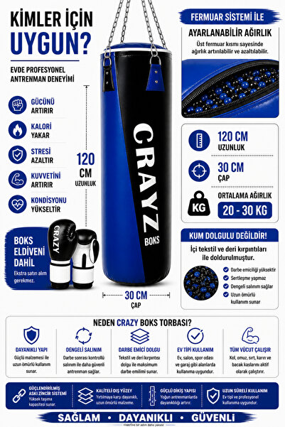 Crazy 120 CM Boks Torbası Seti Eldivenli | Ayarlanabilir Profesyonel Kum Torb...