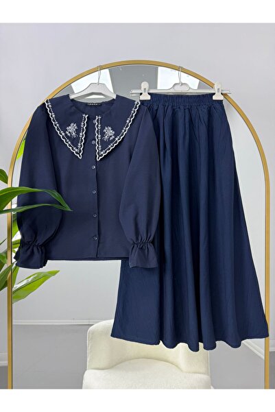 VOLT CLOTHİNG Nakışlı Bebe Yaka Bluz Jakar Etekli Takım