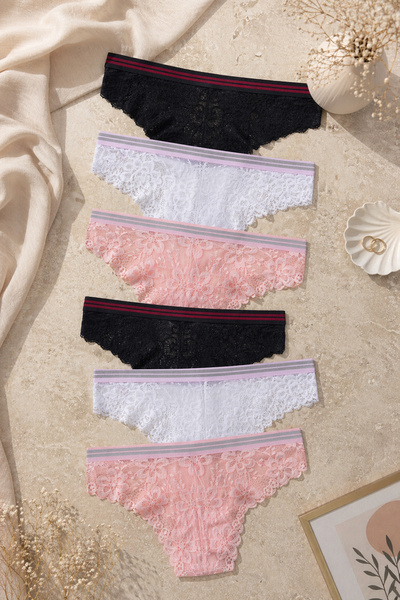 koza iç giyim Women's 6-Piece Striped Elastic Lace Panties