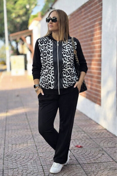 Generic Brand Women's Long Sleeve Front Zipper Leopard Print Viscose Two Thre...