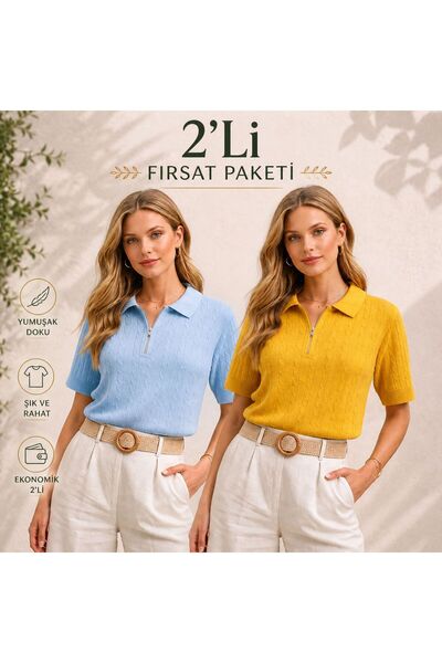 Woolvera 2'li Fırsat Ürünü Kadın Saç Örgü Fermuarlı Triko Polo Yaka Kısa Koll...
