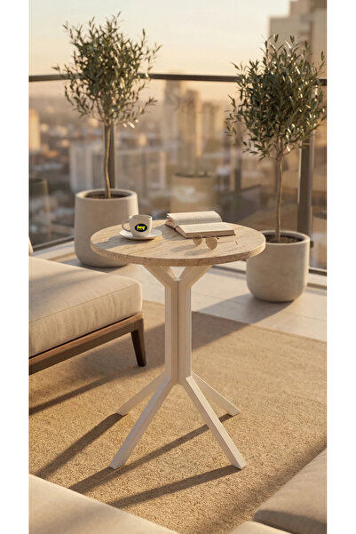 hey modüler mobilya Yıldız Yuvarlak Traverten 50 cm Balkon Masası Yan Sehpa Mutfak Yemek Masası Beyaz Ayak