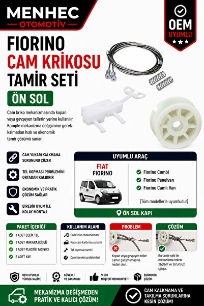 Menhec Otomotiv Fiat Fiorino Ön Sol Cam Kriko Teli Tamir Seti Cam Mekanizması...