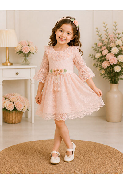 kahkaha kids Girl's Lace Dress with Powder Flower Detail, Stylish Evening Dre...