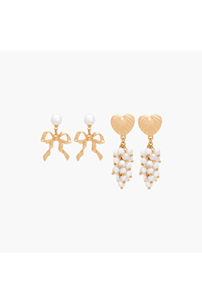 Lifestyle Pack of 2 Metal Pearl Embellished Drop Earrings with Pushback Closure