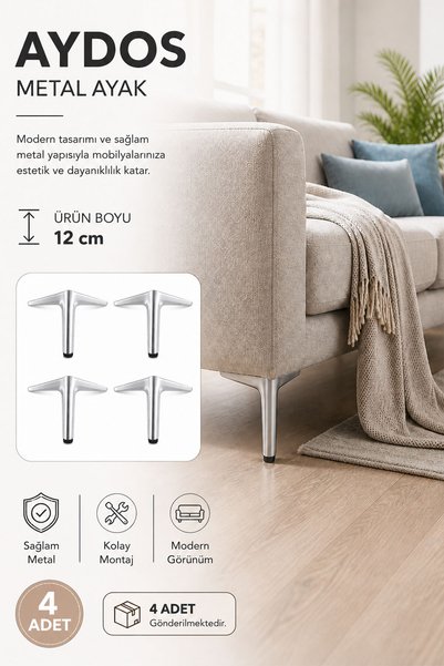 Badem10 Aydos 4 Adet 12 Cm Krom Metal Mobilya Ayağı Koltuk Sehpa Dolap Ayak S...