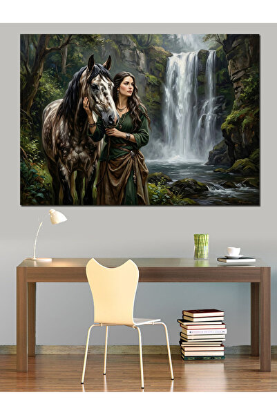 Artmeg Figurina unei femei cu cai lângă cascadă, pânză decorativă - Tablou di...