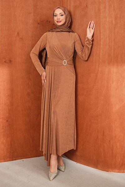 İmajButik Biscuit Waist Buckle Draped Evening Dress