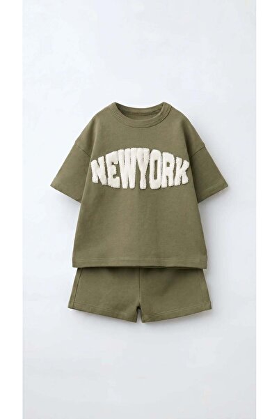Magu Erkek Çocuk Pamuklu Yeşil New York Yazı Aplikeli T-shirt Şort Takım