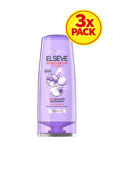 L'Oreal Paris Pachet de 3 balsam hidratant Elseve Hyaluron Plump pentru păr d...