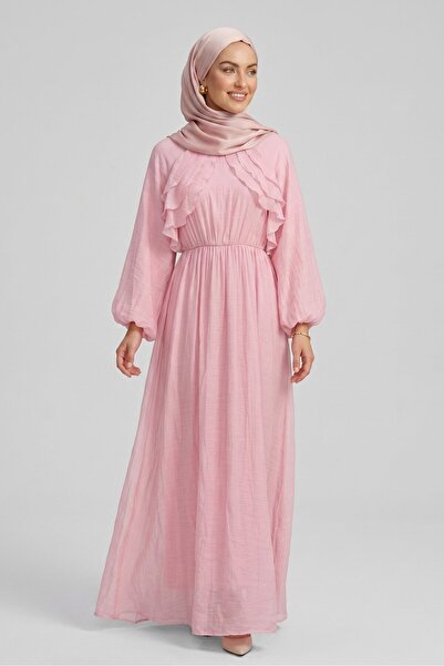 Norshen Pink Women's Balloon Sleeve Chiffon Tulle Dress with Volan Detail and...