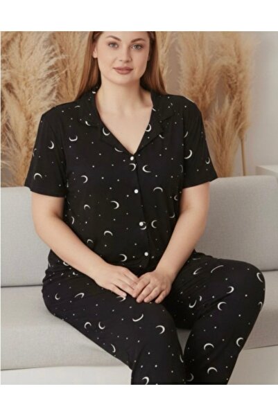 pijamaaskim pijama takımı battal beden siyah desenli yarım kol