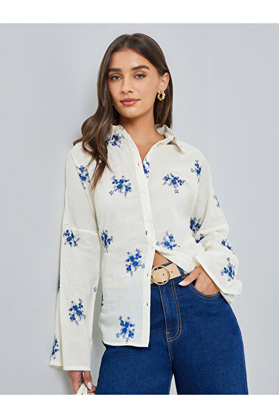 Styli Off-White Embroidered Long Sleeve Oversized Shirt