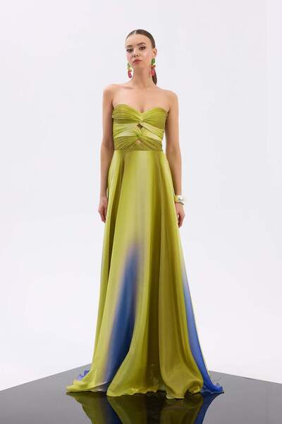 Carmen Pistachio Green Strapless Patterned Evening Dress