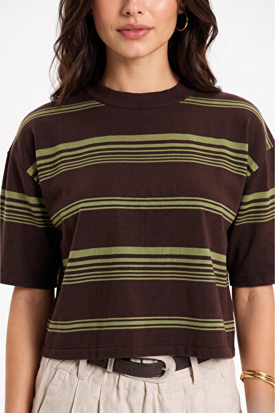 MetuCA Tricou de damă din bumbac cu dungi maro, stil boem Pinterest, crop retro