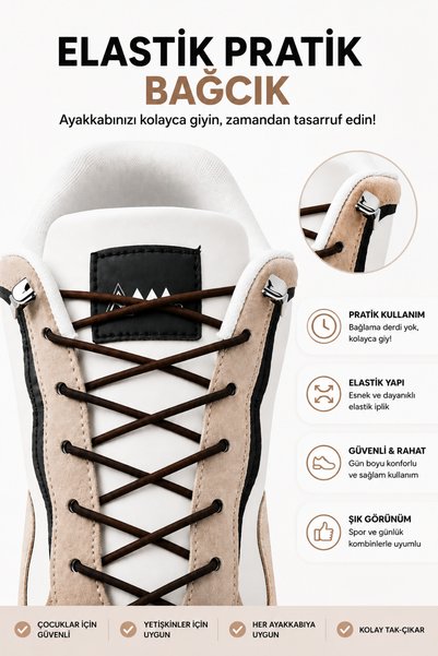 AiryFooT Yuvarlak Lastikli Klipsli Spor Ayakkabı Bağcığı 100 cm ( Koyu Kahve ...