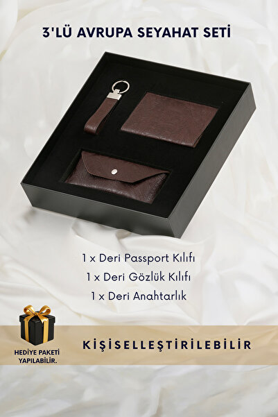 CüzCan Motifli Kahve Hakiki Deri 3'lü Avrupa Seyahat Seti - Pasaport Kılıfı, ...