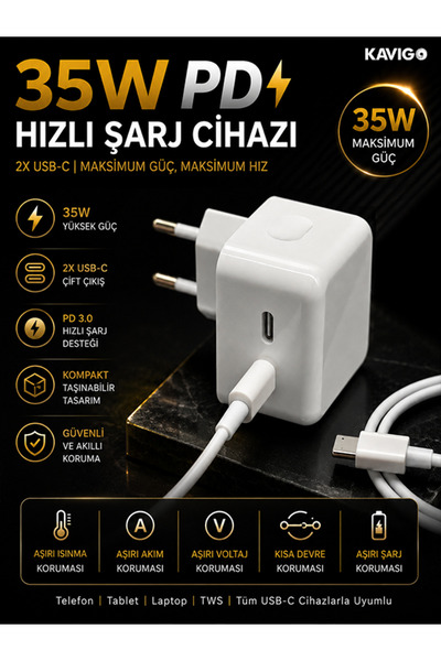 kawigo 35W Çift TYPE-C Hızlı Şarj Adaptörü Çift Telefon Şarj Destekli Şarj Al...