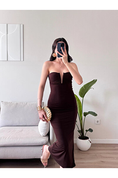 Zoom Butik Straplez Kalp Yaka Yırtmaçlı Elbise - KAHVE