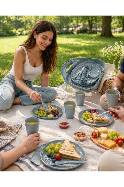 biedda 22 Parça 4 Kişilik Piknik Seti Taşıma Çantalı Tabak Bardak Çatal Kaşık Bıçak Takımı