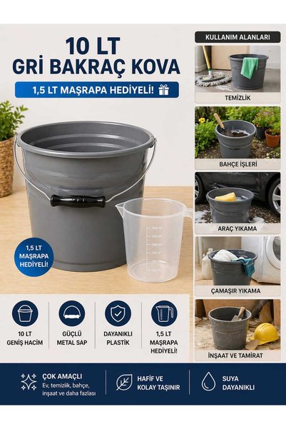 biedda 2 Adet 10 LT Antrasit-Gri Bakraç Kova Metal Saplı Plastik Kova 1,5 LT Maşrapa Hediyeli