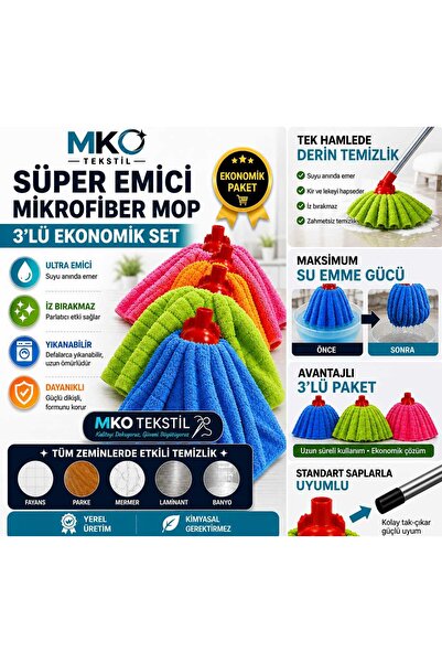 MKO TEKSTİL 3'LÜ SÜPER EMİCİ MİKROFİBER KARIŞIK RENKLİ YEDEK MOP BAŞLIĞI