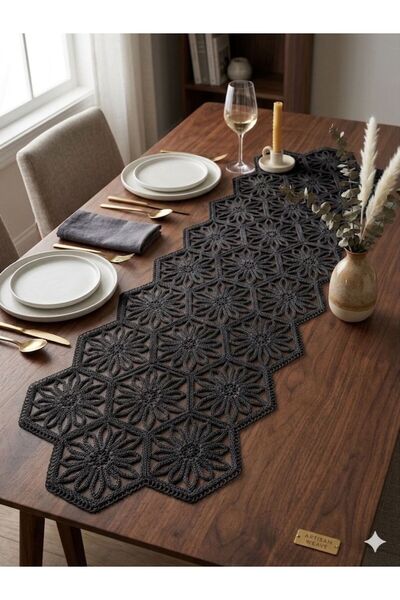 by ballı biocotton Altıgen Işlemeli Lüks Runner 120x40cm Şık Tasarım Modern Runner