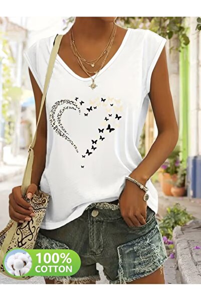 puolikuu Women's Comfortable Fit V-Neck Tshirt Mixed Printed Tshirt