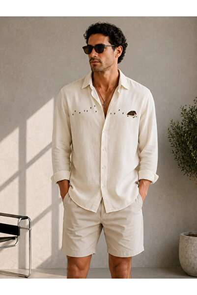 FıttingRoom Oversize Embroidery Detailed Cotton Woven Cream Shirt