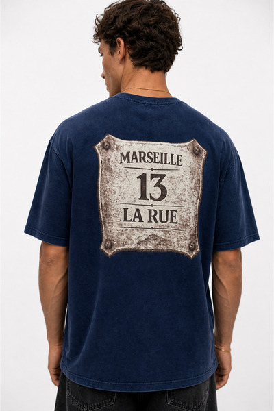 Respire Men's Marseille Printed Washed Oversize T-Shirt Navy Blue