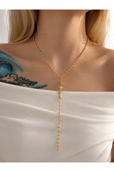 GONESSA Star Detailed Stainless Steel Y Gold Necklace 40cm