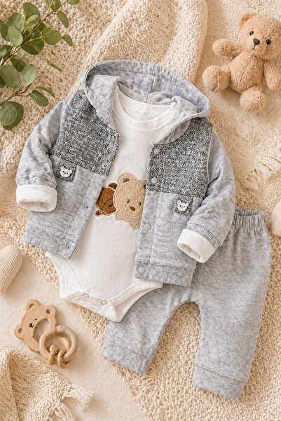 METEOR BABY Baby Boy 3-Piece Set Teddy Bear Embroidered Top and Bottom Season...