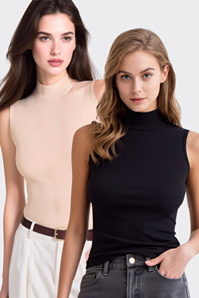 Pearlune Women's Half Turtleneck Zero Sleeve 2-Piece Basic Body Undershirt - ...