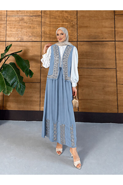 Miss Allos Women's Beaded Embroidered Flowy Vest Skirt Modal Set