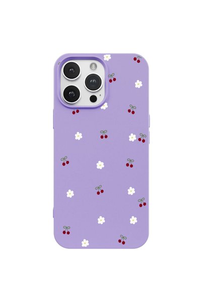 Casen iPhone 16 Pro Max Lila Lansman Renkli Silikon Kiraz ve Çiçek Desenli Ka...