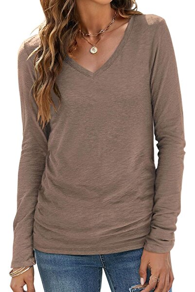 Trendimax Women's Casual Long Sleeve V-Neck Blouse, Basic Stretchy T-Shirt