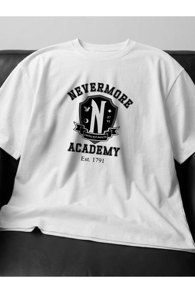 Savnera Wednesday Nevermore Academy Baskılı Oversize Unisex Pamuklu Beyaz Tişört